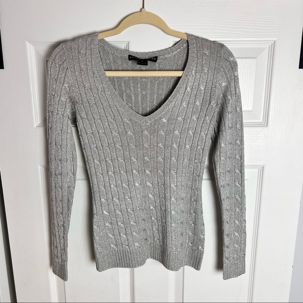 Ralph Lauren Metallic Silver V-Neck Cable Knit Sweater